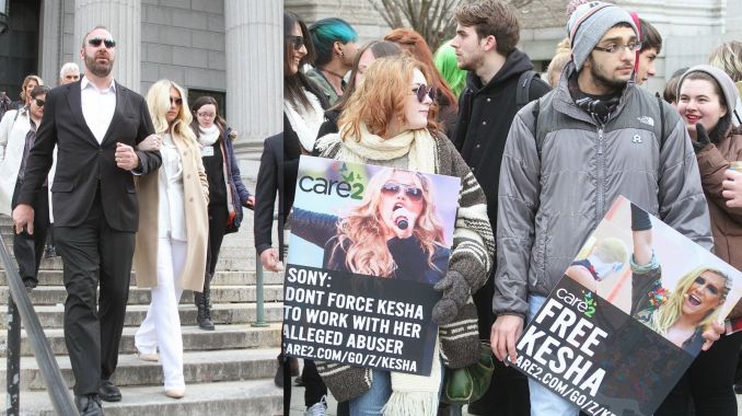 Kesha išeinanti iš teismo ir ją palaikantys gerbėjai